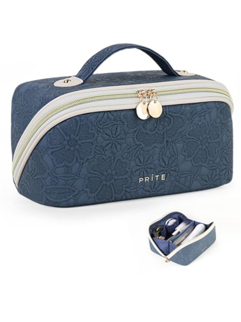 Makeup Bag Women Travel Waterproof Vegan Leather Cosmetic Bag Blue Flower Med